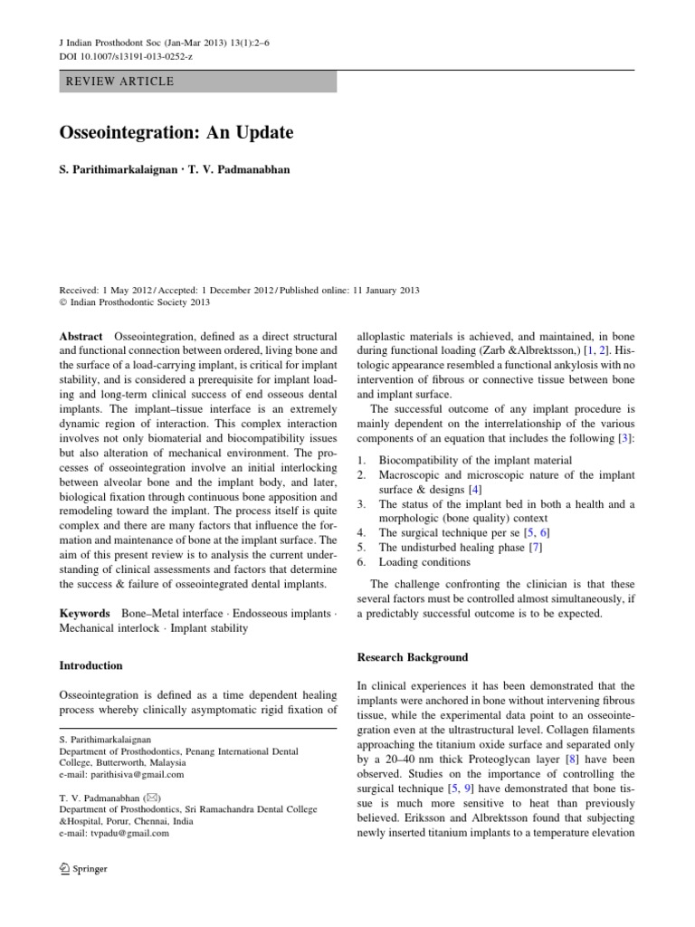 Osseointegration Short Review PDF | PDF | Dental Implant | Bone
