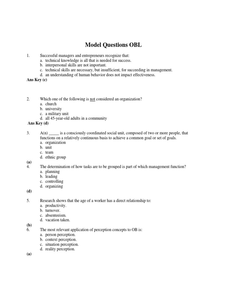 Model Questions OBL: Ans Key (C) | PDF