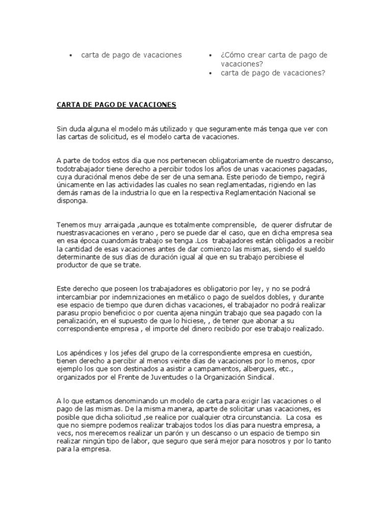 Carta De Pago De Vacaciones Pdf Vacaciones Pagos