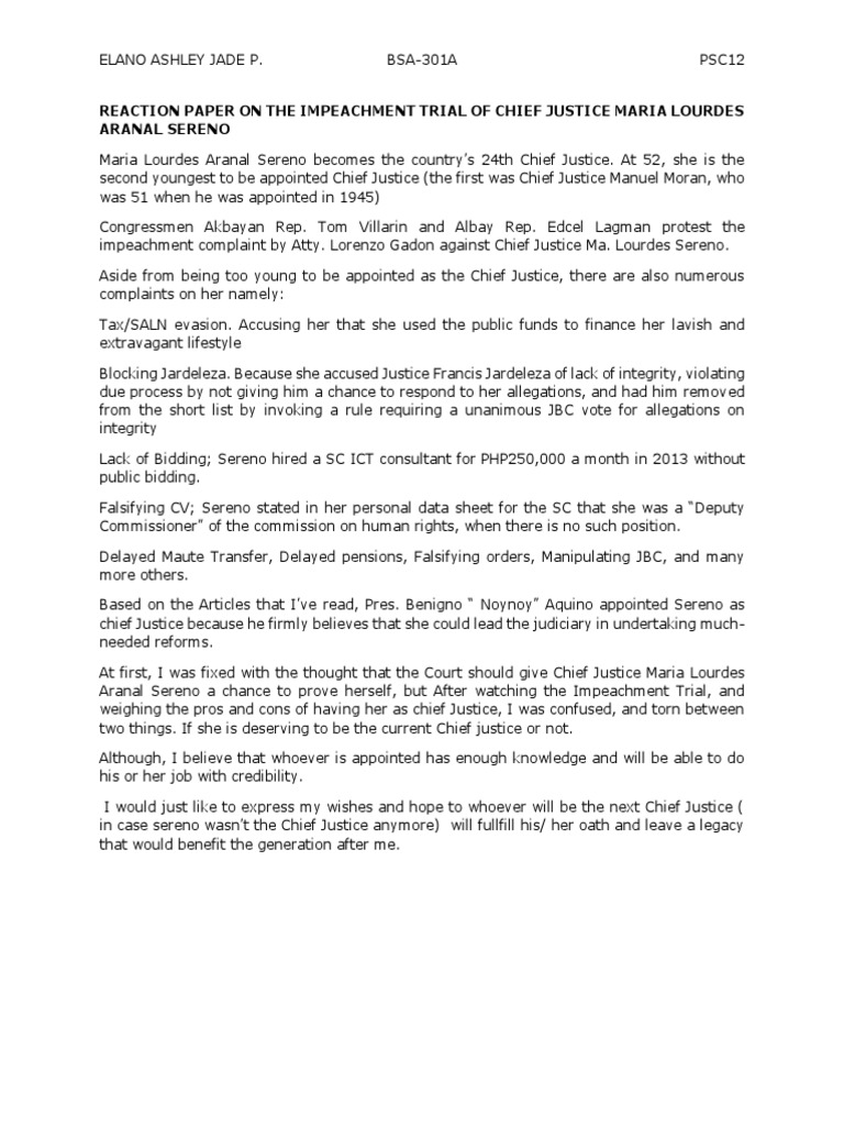 Sereno Impeachment Reaction Paper | PDF | Chief Justice Of The United ...
