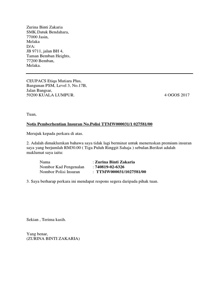 Surat Berhenti Insuran | PDF