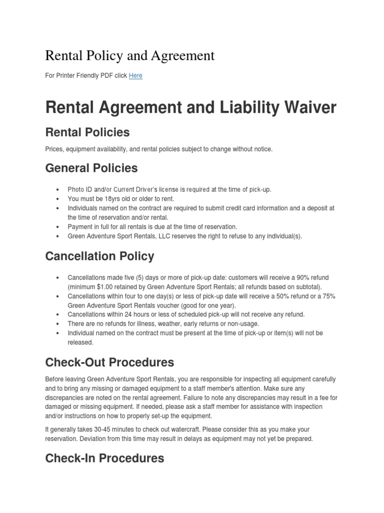 Rental Policy and Agreement Renting Indemnity