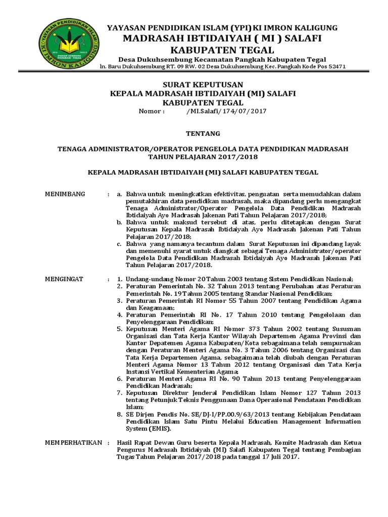 Contoh Sk Operator Madrasah