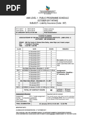 Amii Level 1 Class Schedule 307 Liability Ins Oct 2017 Payments Money