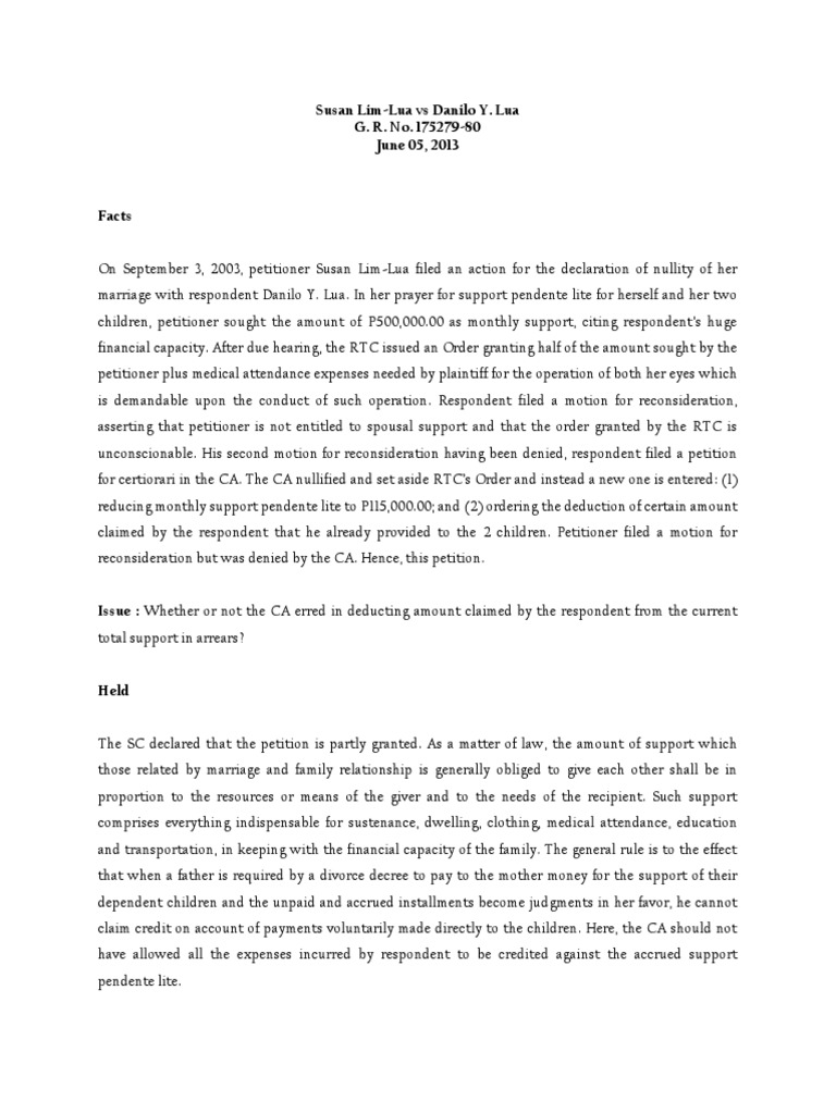 Lim-Lua v. Lua: Support Ruling Summary | PDF | Law
