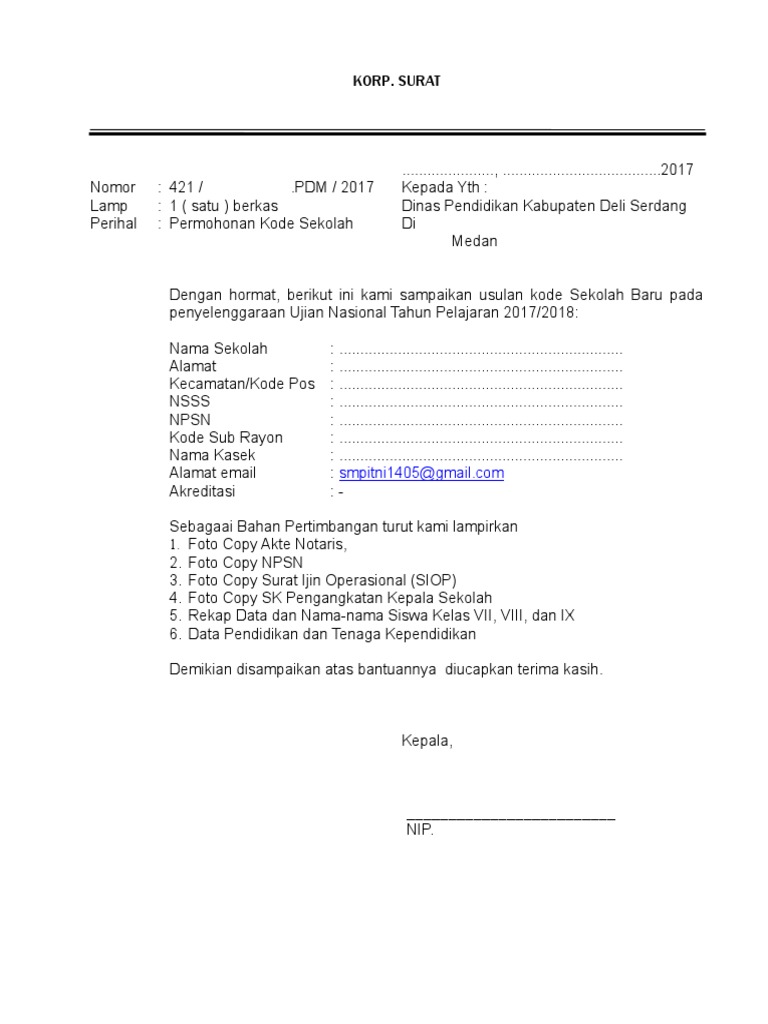 Contoh Surat Usulan Kode Sekolah Baru