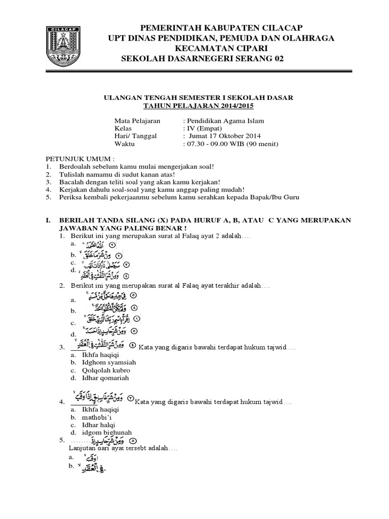 Soal Uts Kelas 4 Mapel Pa Islam