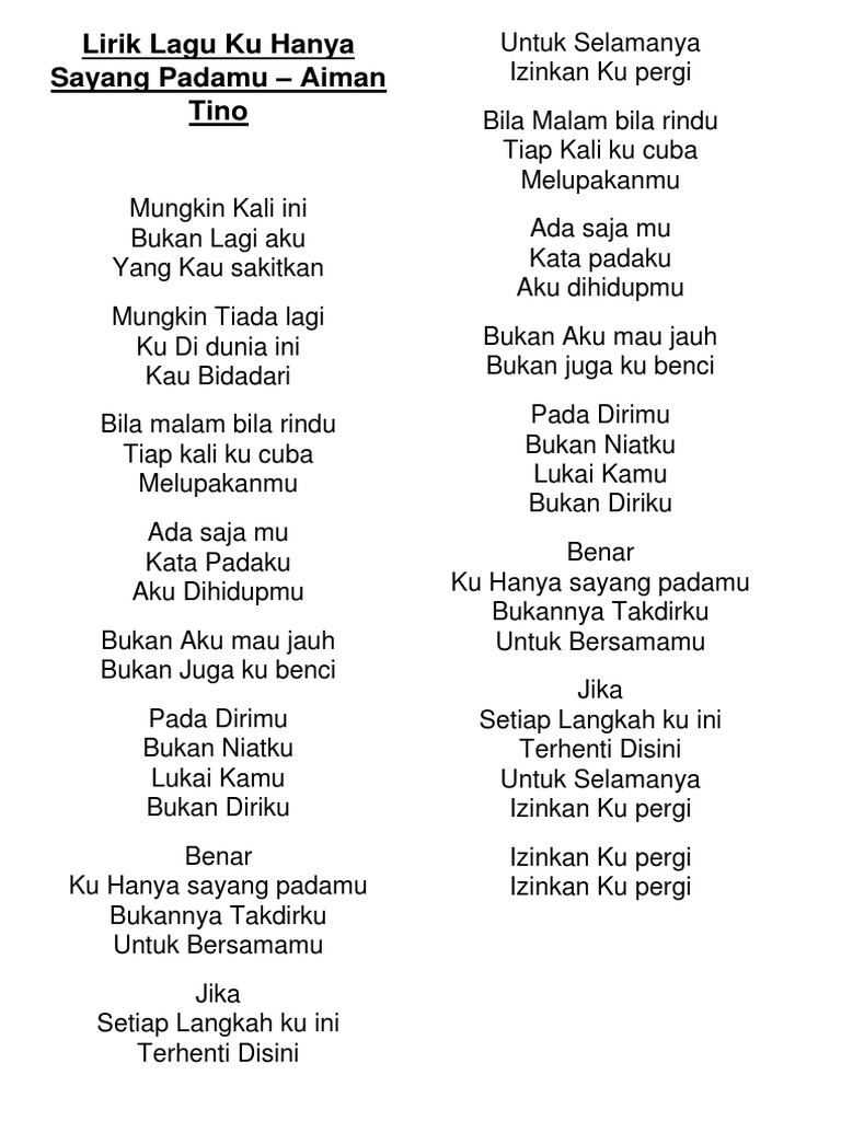 Lirik Lagu Ku Hanya Sayang Padamu Aiman Tino Pdf