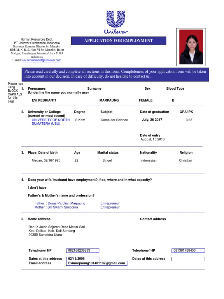 Unilever Employee Application Form PDF Business Further Education