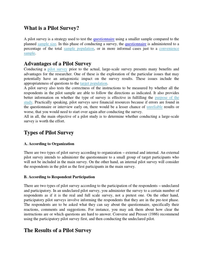 What Is A Pilot Survey PDF Survey Methodology Questionnaire