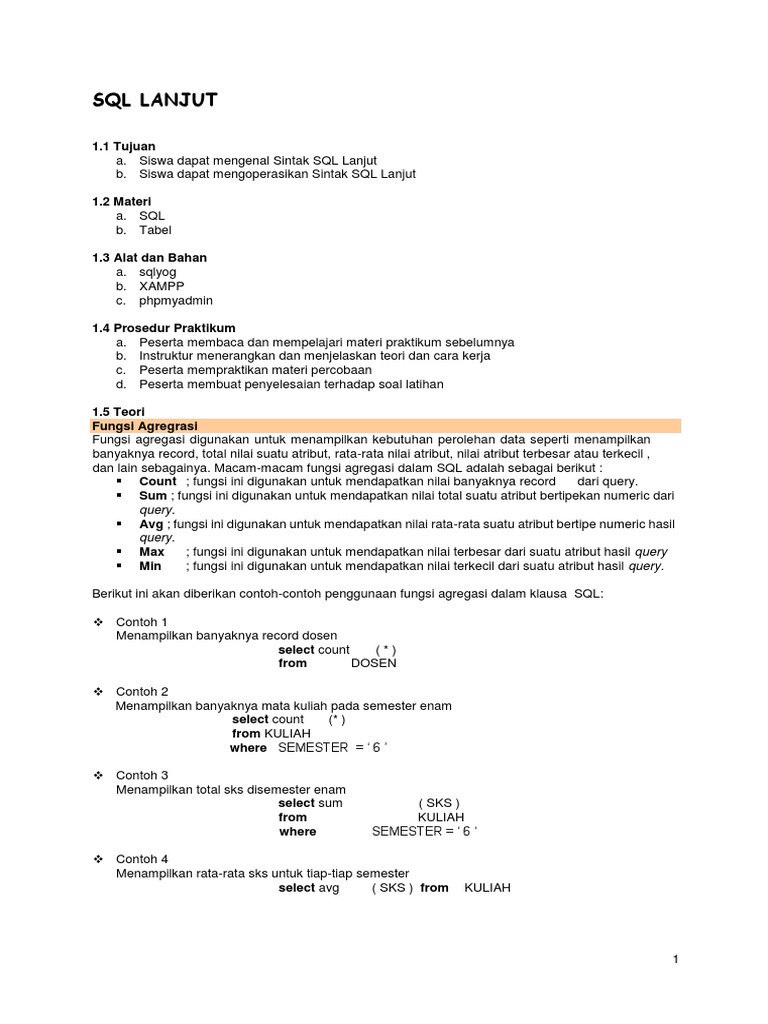 Sintaks SQL Lanjut dan Fungsi Agregasi | PDF