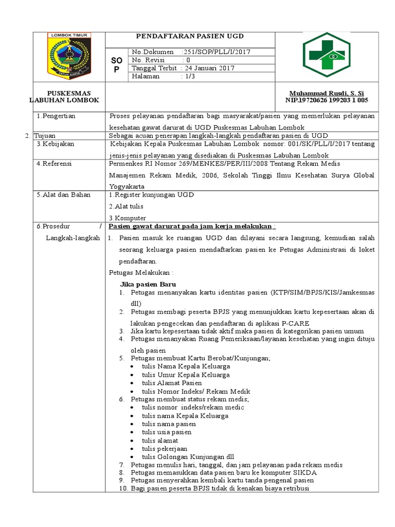 Sop Pendaftaran Pasien Ugd