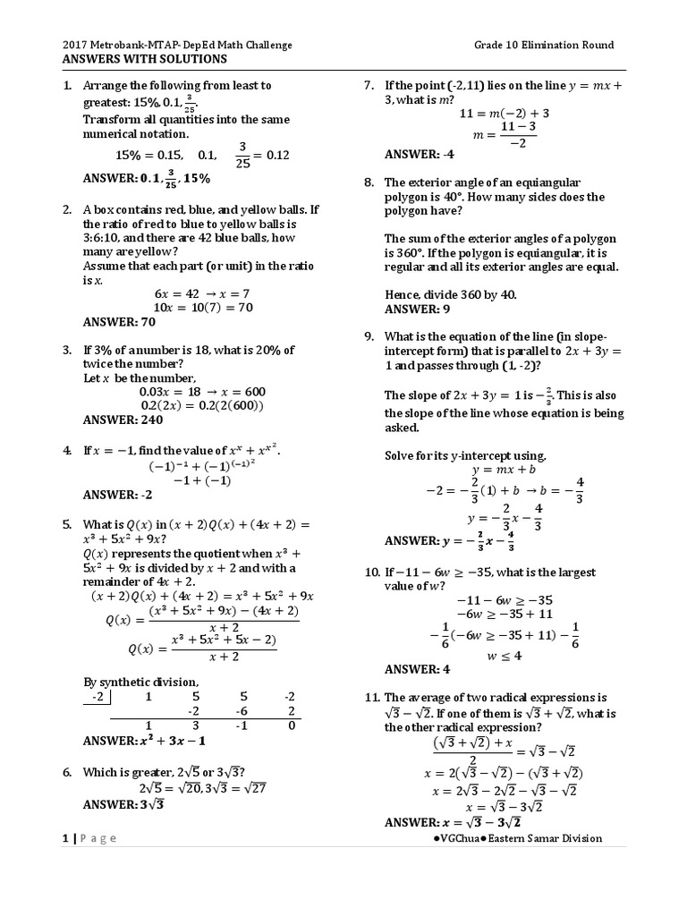 2017 MMC Grade 10 Eliminations Questions With Answers | PDF | Circle ...