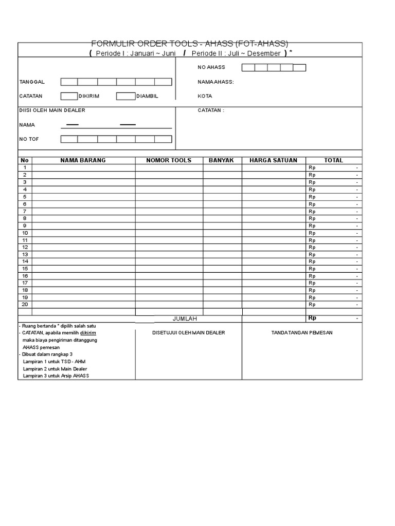 Formulir Order Tools AHASS | PDF