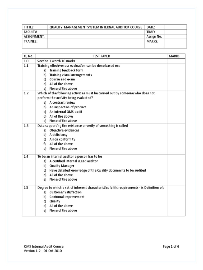 56438309QMSInternalAuditorExamPaper.doc Internal Audit Iso 9000