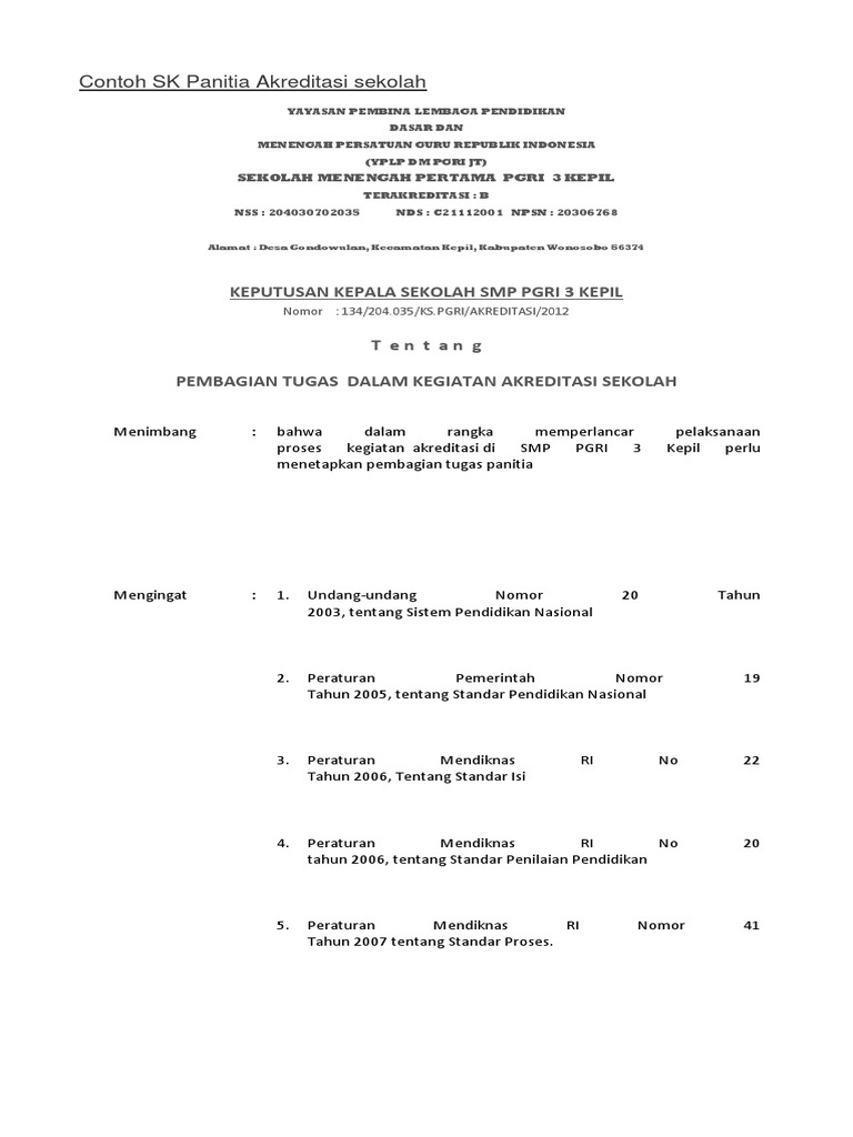Contoh SK Panitia Akreditasi Sekolah