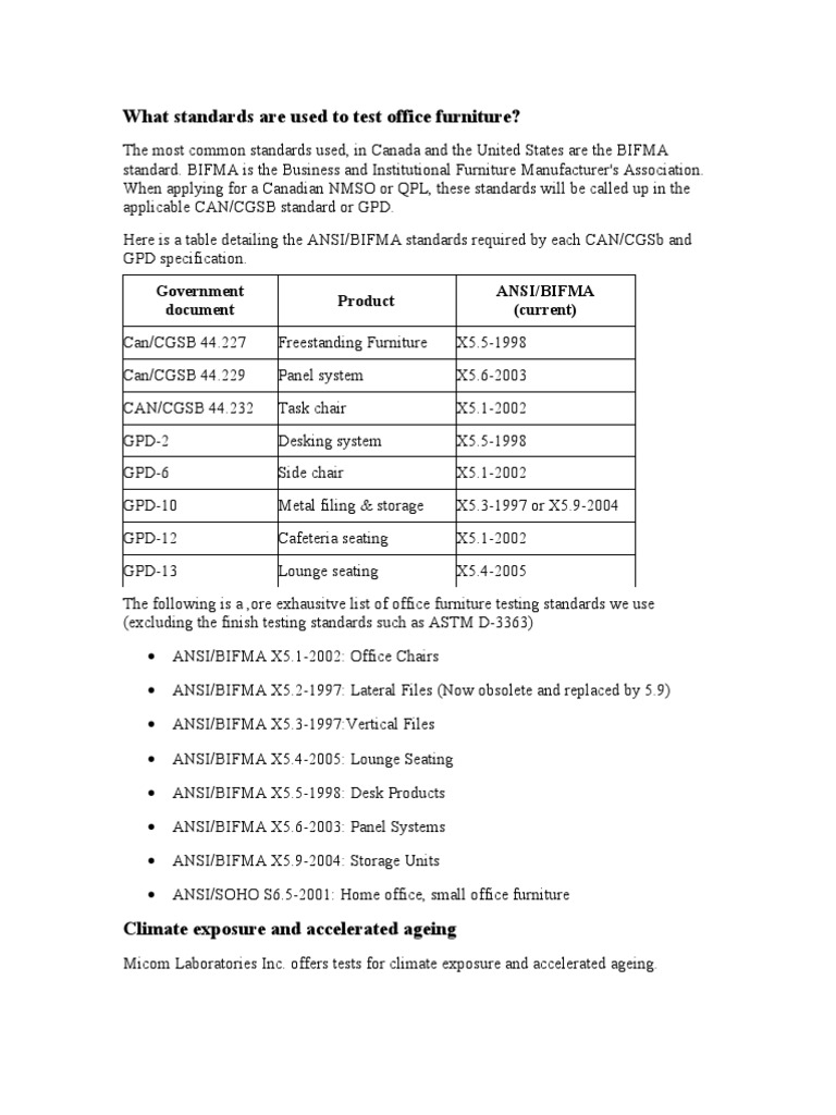 Office furniture testing standards BIFMA ANSI PDF Wear Ultraviolet