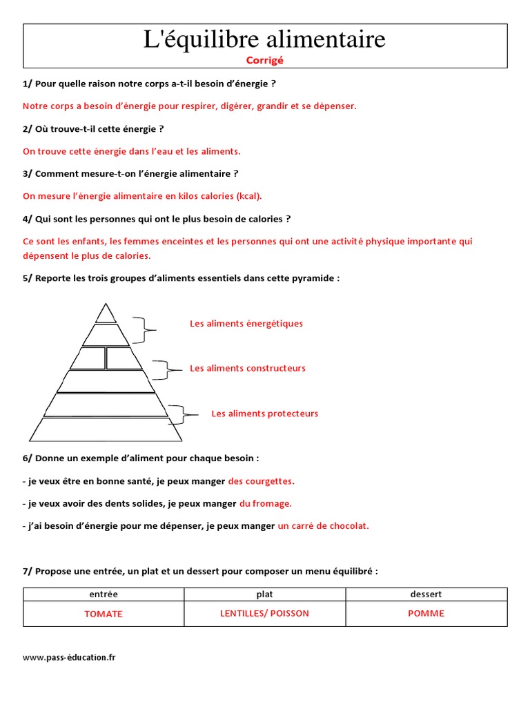 Exercice Avec Correction Sur L énergie Cm1 Correction Equilibre Alimentaire Et Nutrition Cm1 Cm2 Lecture | PDF
