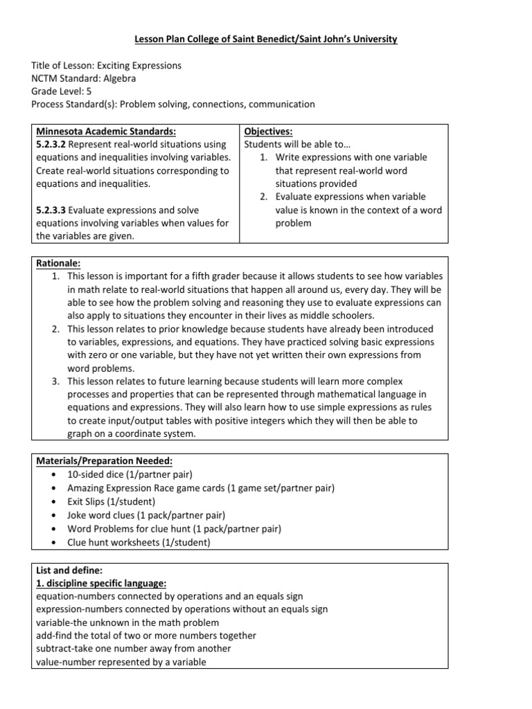 5th Grade Algebra Expressions Lesson Plan | PDF | Equations | Variable ...