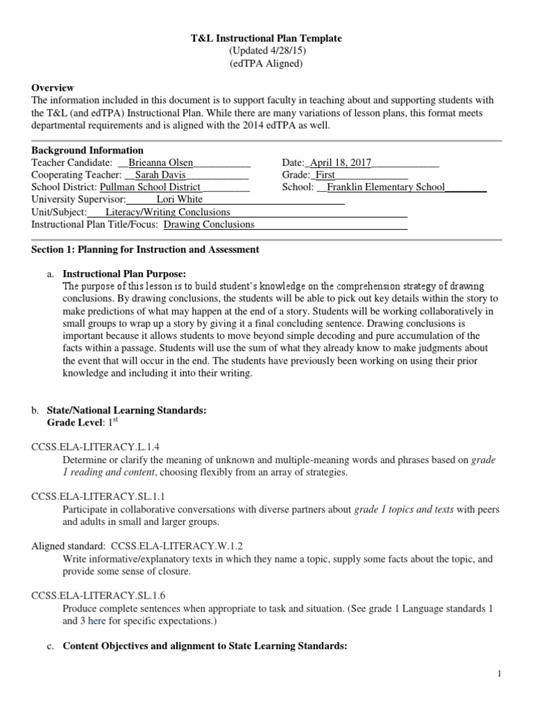 T&L Instructional Plan for Drawing Conclusions | PDF | Reading ...