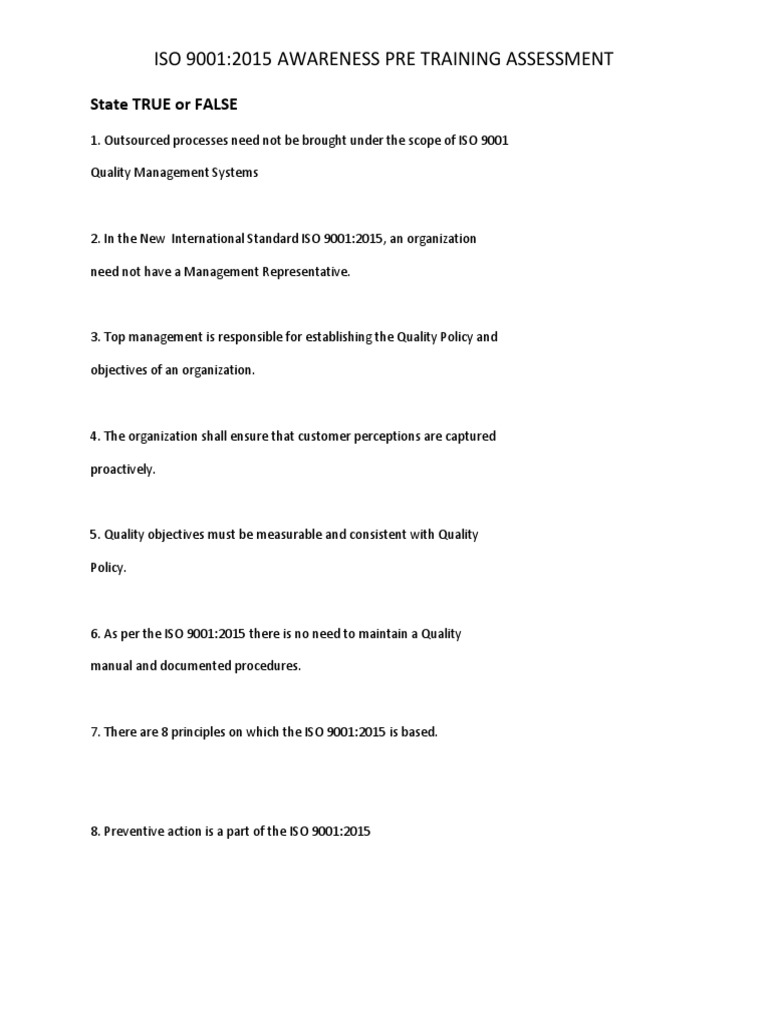 ISO 9001:2015 Awareness Assessment Quiz | PDF