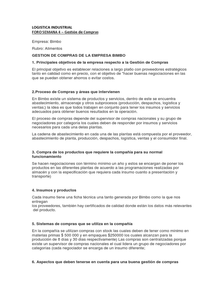 Gestión de Compras en Bimbo: Claves y Desafíos | PDF | Calidad ...