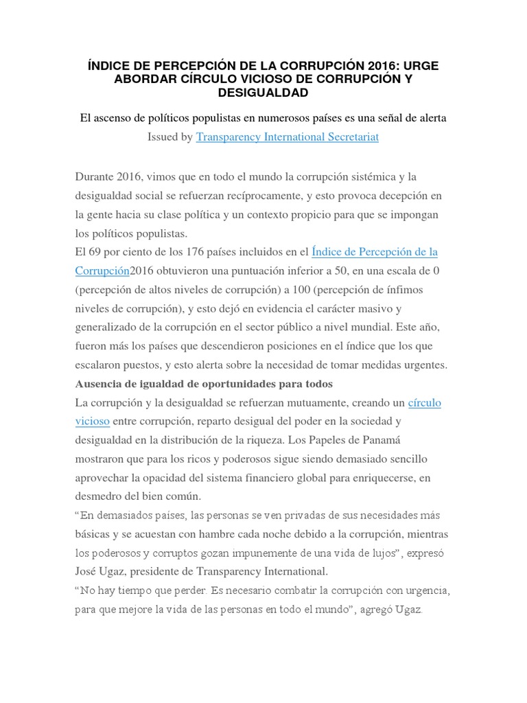 ÍNDICE DE PERCEPCIÓN DE LA CORRUPCIÓN 2016.docx Corrupción política Desigualdad social