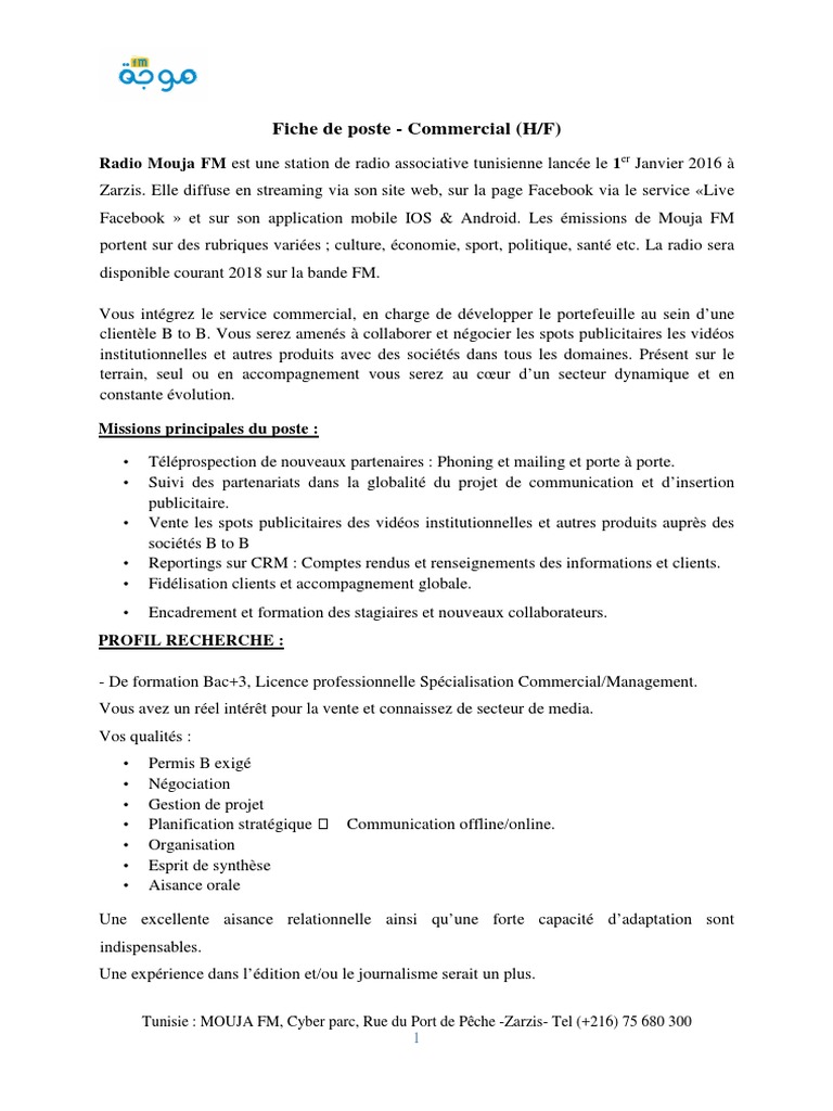 Fiche de Poste Commercial Mouja PDF | PDF | Finance et gestion monétaire