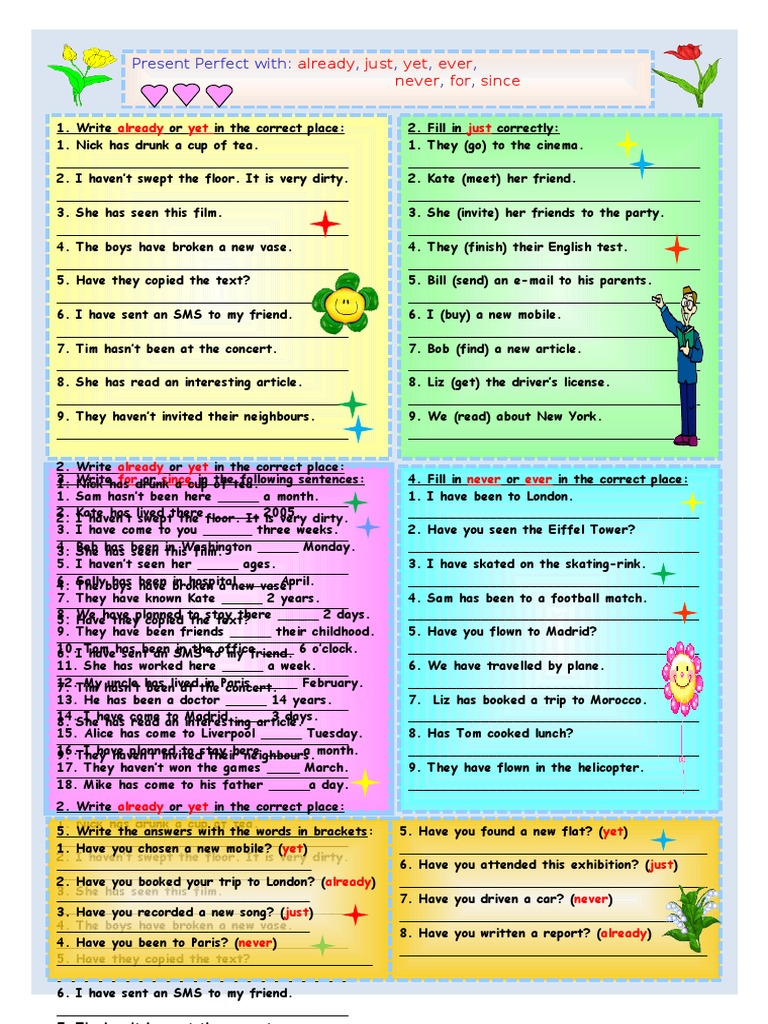 Present Perfect With:, ,, ,, ,: Already Just Yet Ever Never For Since ...