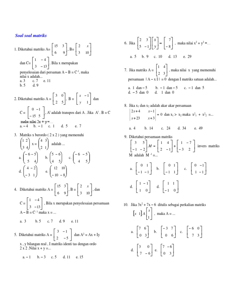 Soal Matriks Kelas 11 dan Penyelesaian | PDF