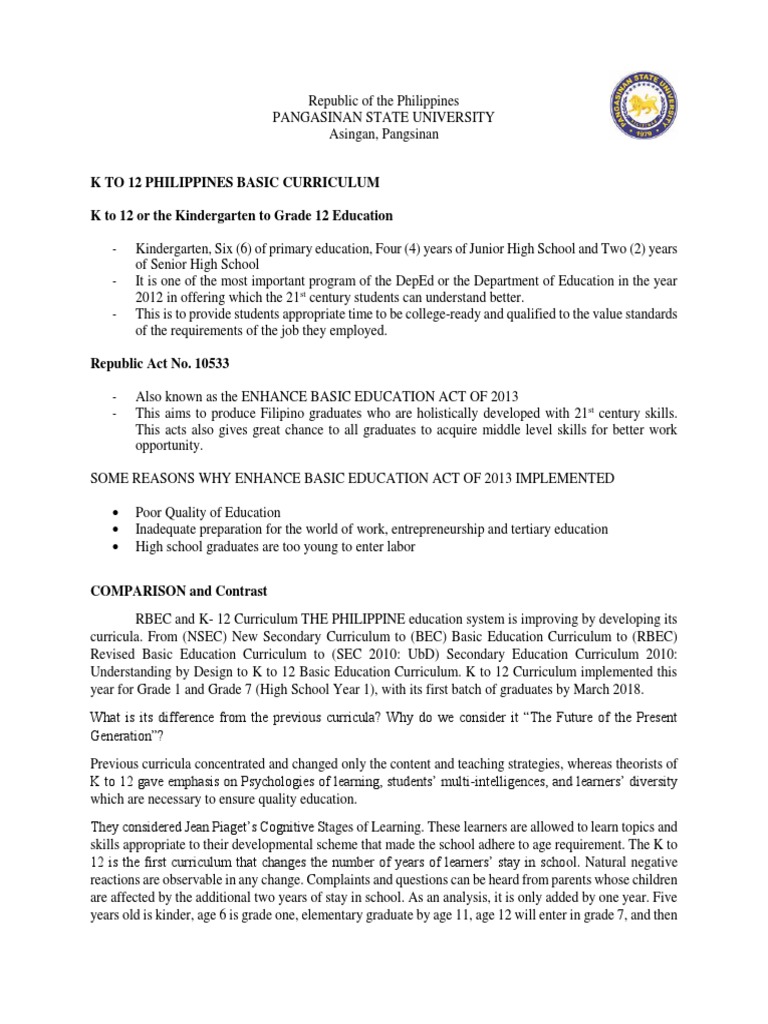 K to 12 Basic Education Curriculum Overview | PDF | Educational ...