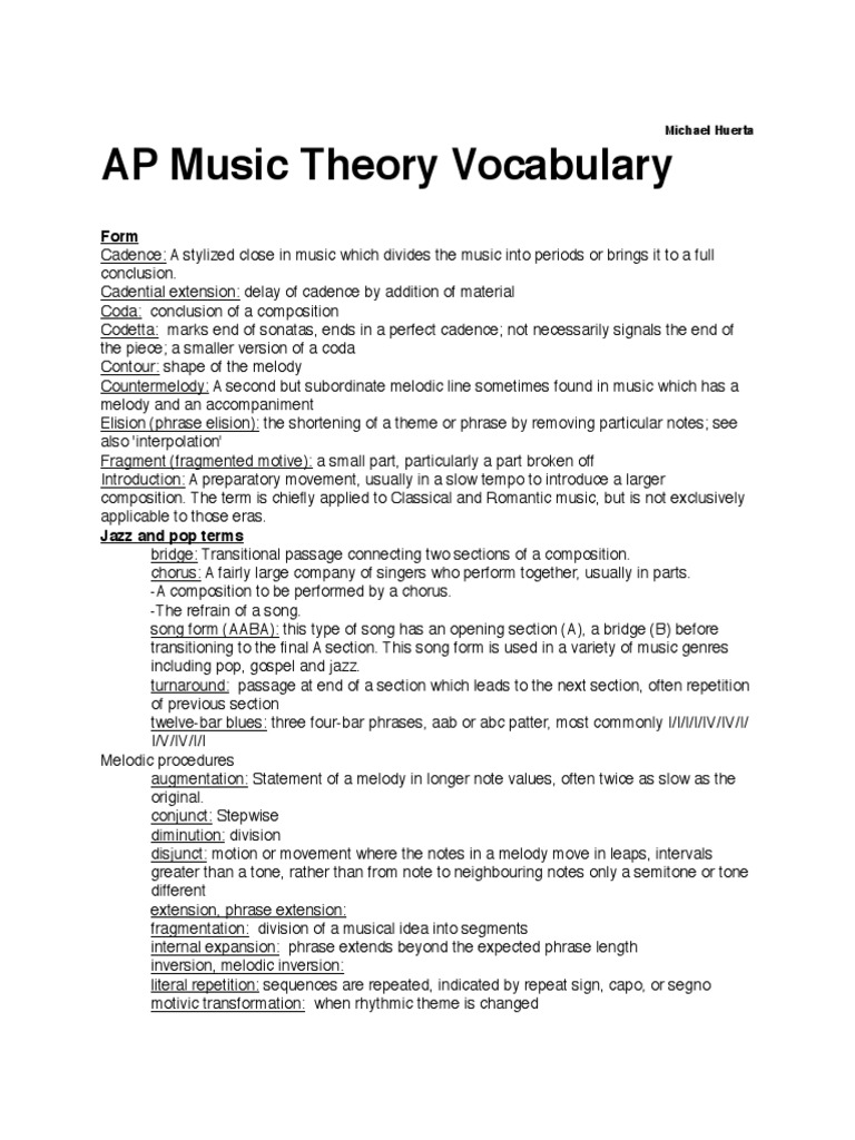 AP Music Theory Vocabulary Michael Huerta PDF Tempo Scale (Music)