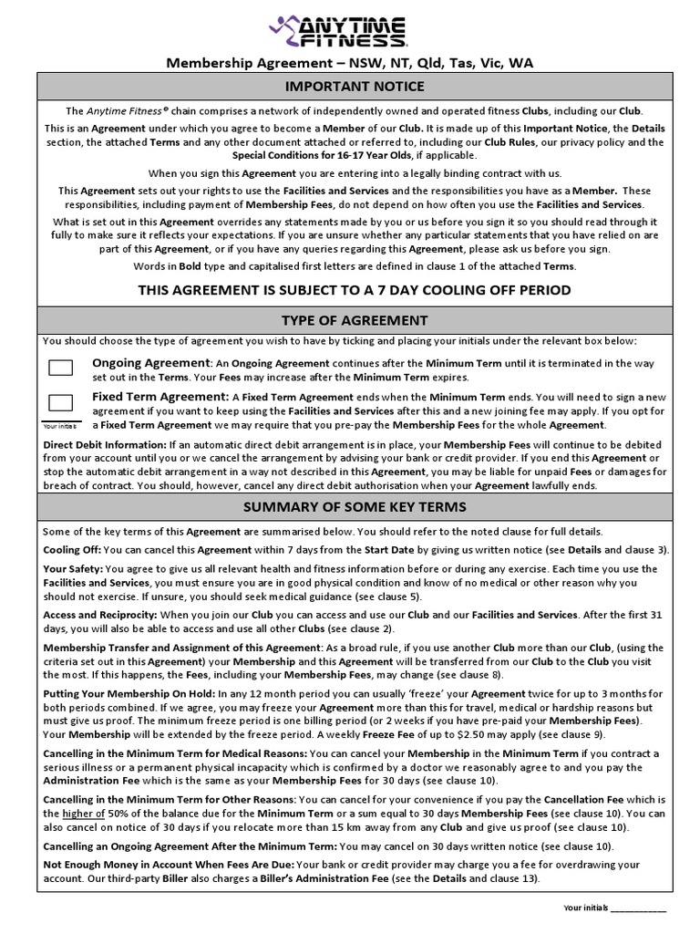 Anytime Fitness Membership Agreement All States | PDF | Fee 