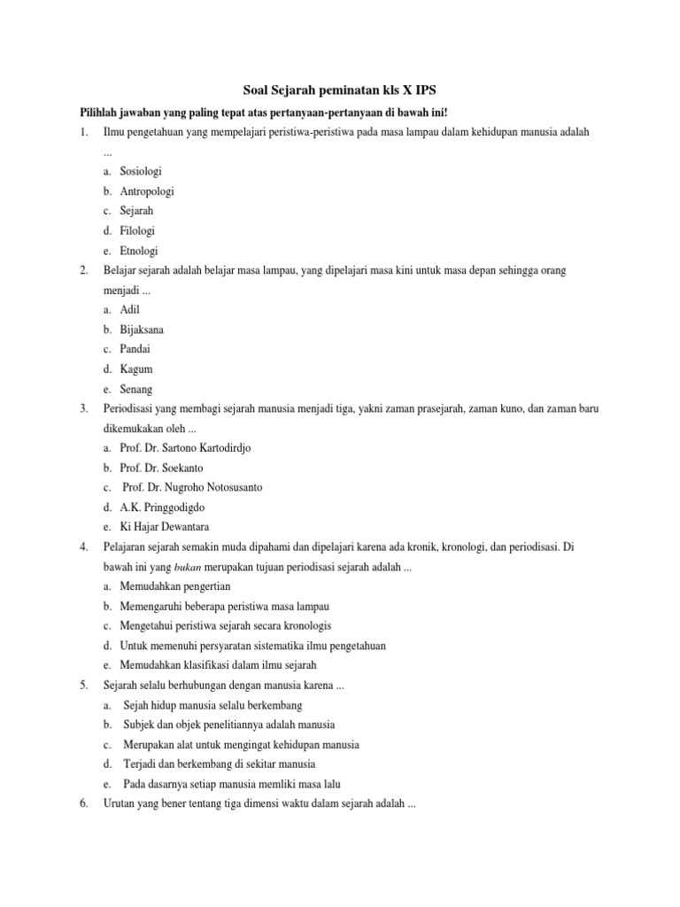 Soal Sejarah Peminatan Kls X Ips