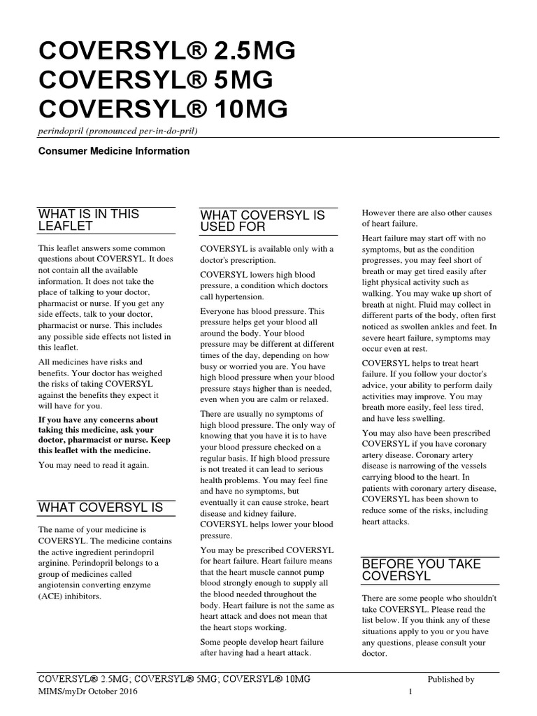 Coversyl® 2.5Mg Coversyl® 5Mg Coversyl® 10Mg What Is In This Leaflet