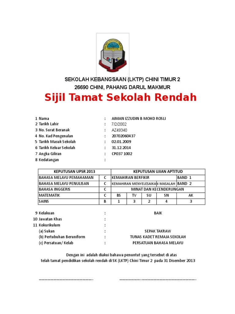 Contoh Sijil Berhenti Sekolah | PDF