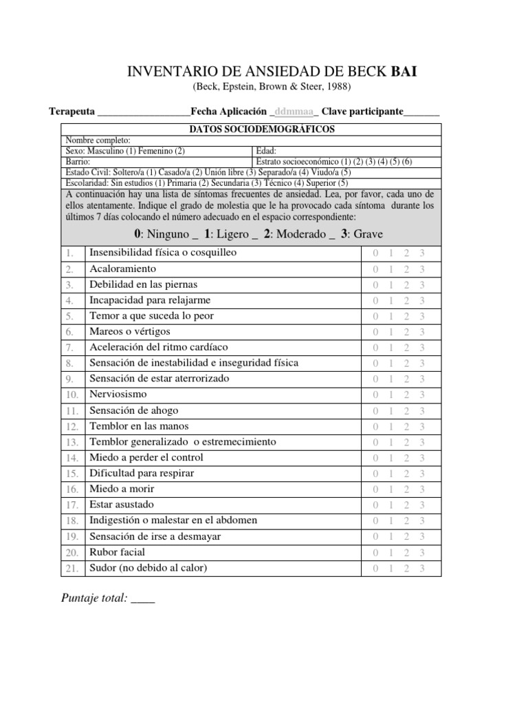 Inventario de Ansiedad de Beck Bai 0 Ninguno 1 Ligero 2 Moderado 3 Grave PDF