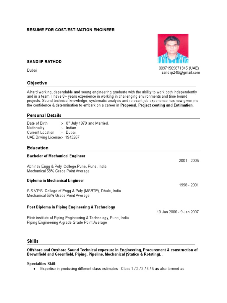 Cost Estimation Engineer Resume Highlighting Experience PDF