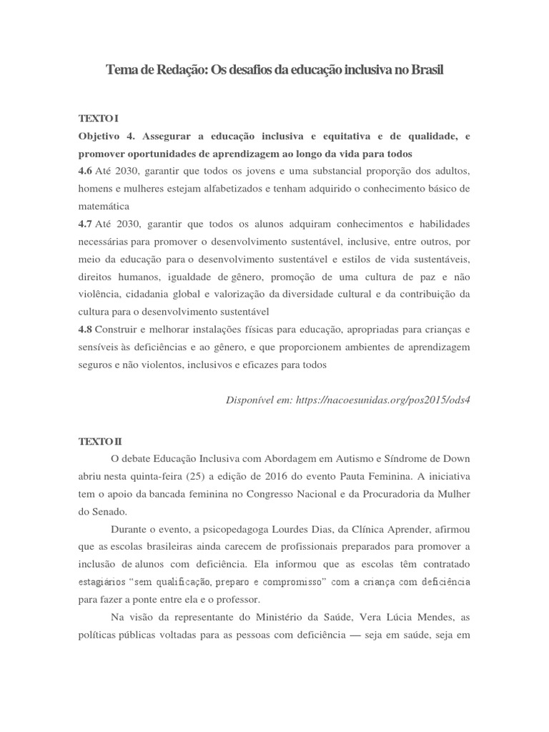Tema de Redação-Os Desafios Da Educação Inclusiva No Brasil PDF | PDF ...