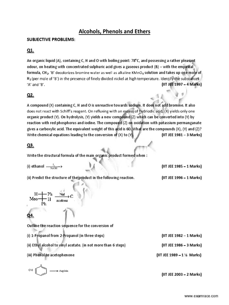 Alcohol Phenol Ethers Solved Questions PDF | PDF | Alkene | Ethanol