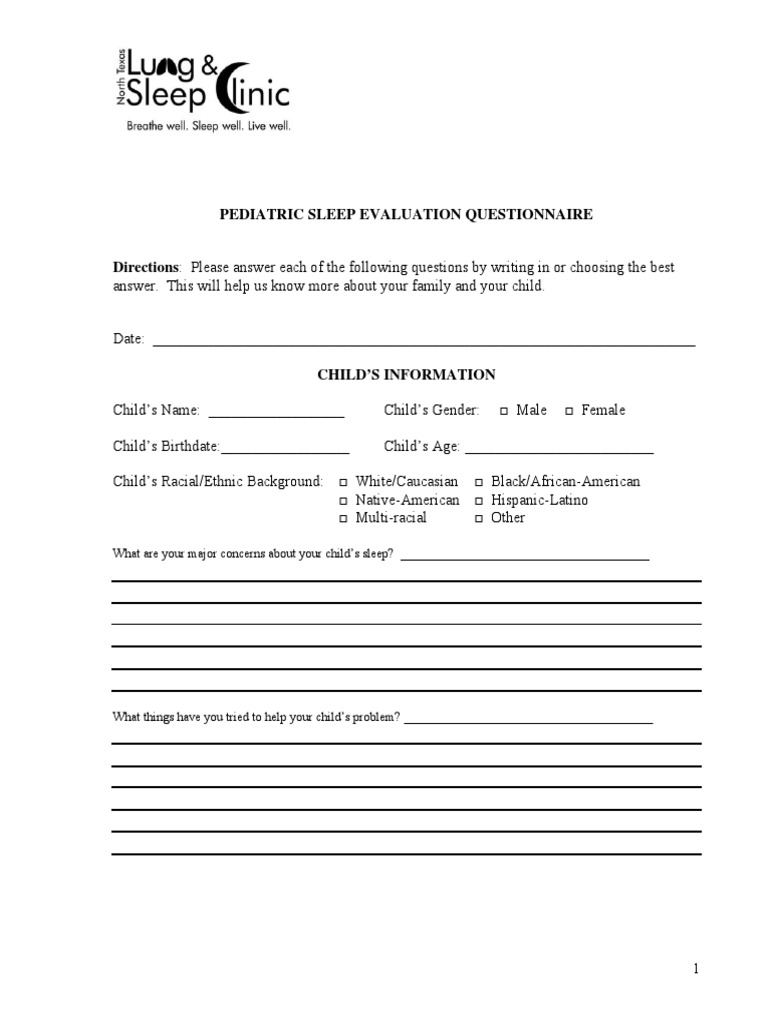 Pediatric Sleep Evaluation Questionnaire PDF Sleep Attention