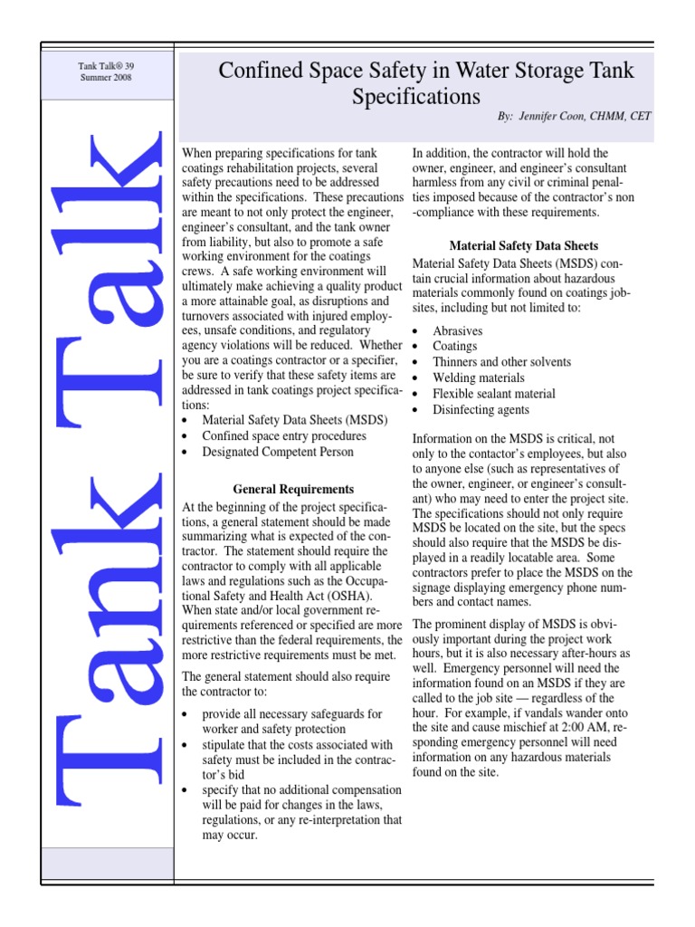 Confined Space Safety in Water Storage Tank Specifications Material