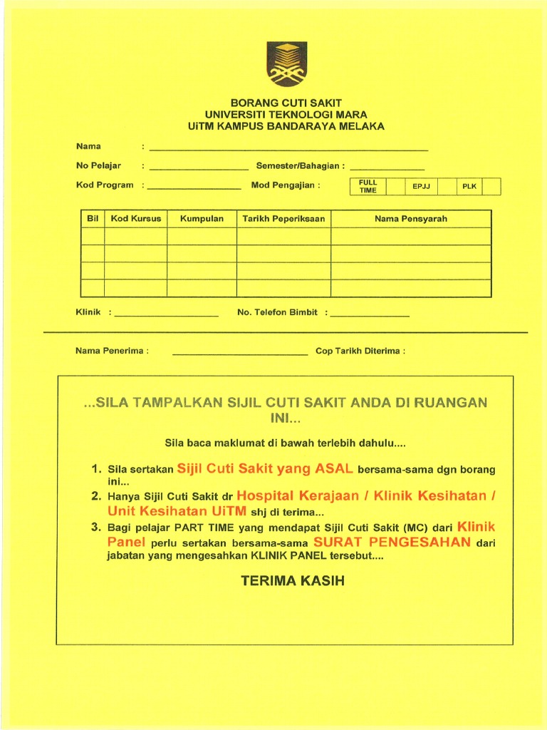 Contoh Surat Cuti Sakit Klinik Kerajaan