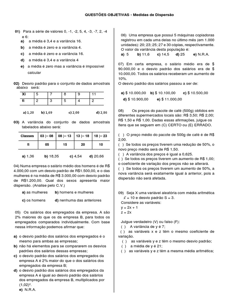 Exercícios - Medidas de Dispersão | PDF | Desvio padrão | Variação