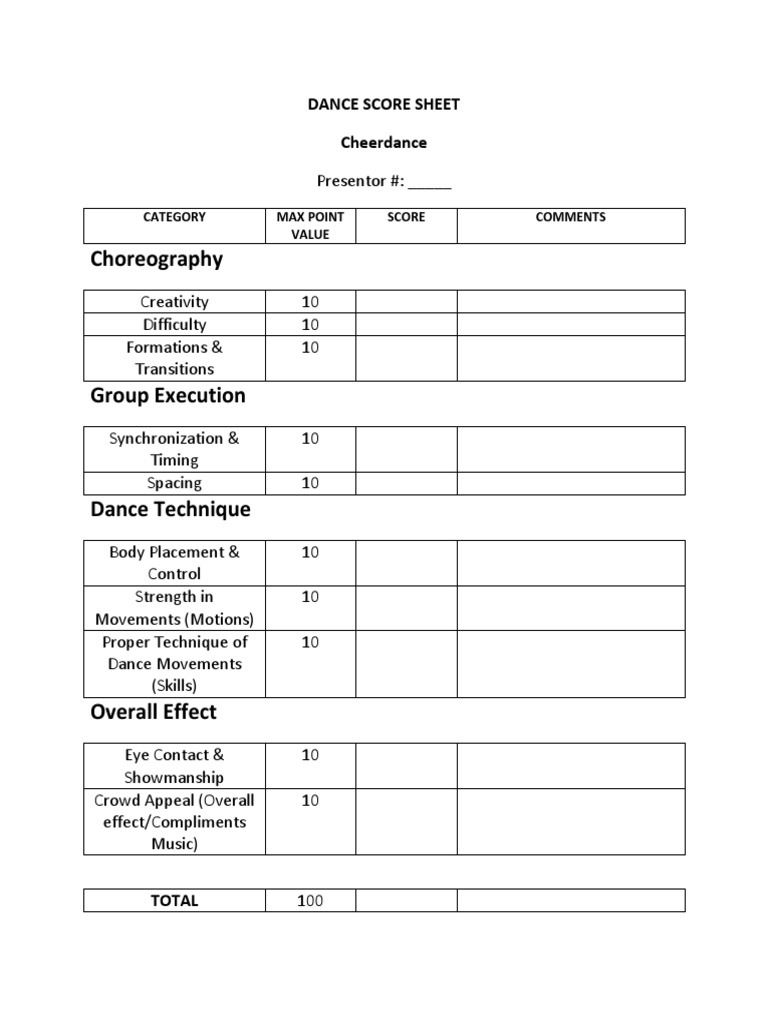 Dance Competition Score Sheet Template | PDF