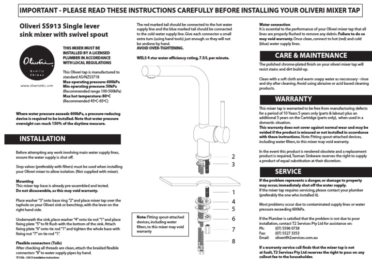 Install Sink Mixer Instructions Oliveri PDF Tap (Valve) Hydraulic