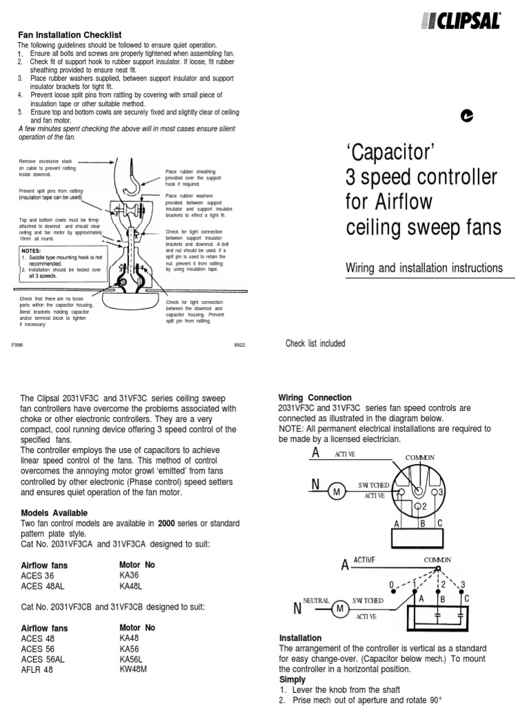 Clipsal Ceiling Fan Installation Instructions PDF Components