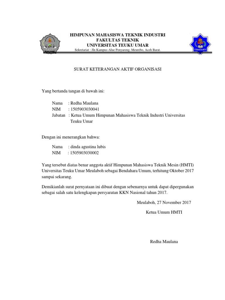 Surat Pernyataan Aktif Organisasi Himpunan Mahasiswa Teknik Industri 