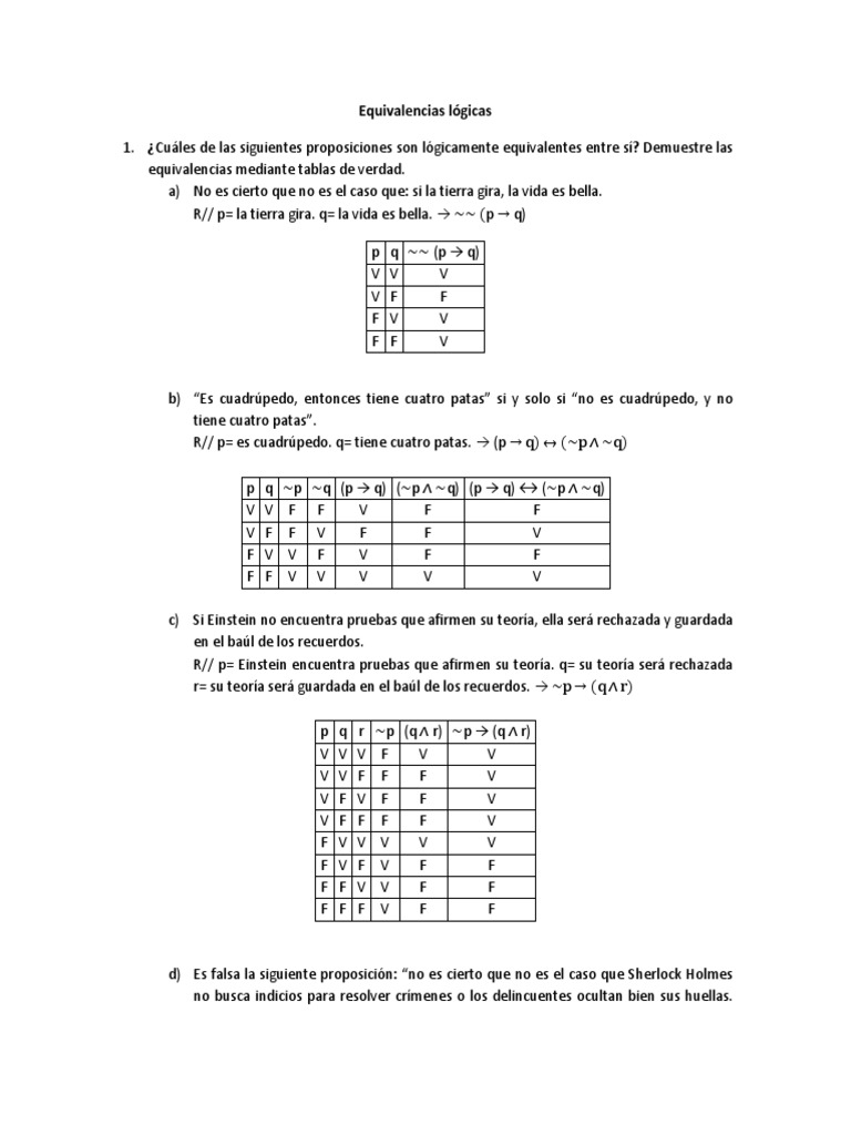 Ejercicios de equivalencias lógicas y tablas de verdad Lógica