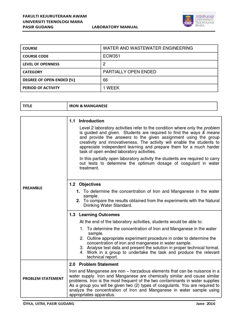 Lab Manual - Level 2 - Iron Manganese | PDF | Experiment | Laboratories